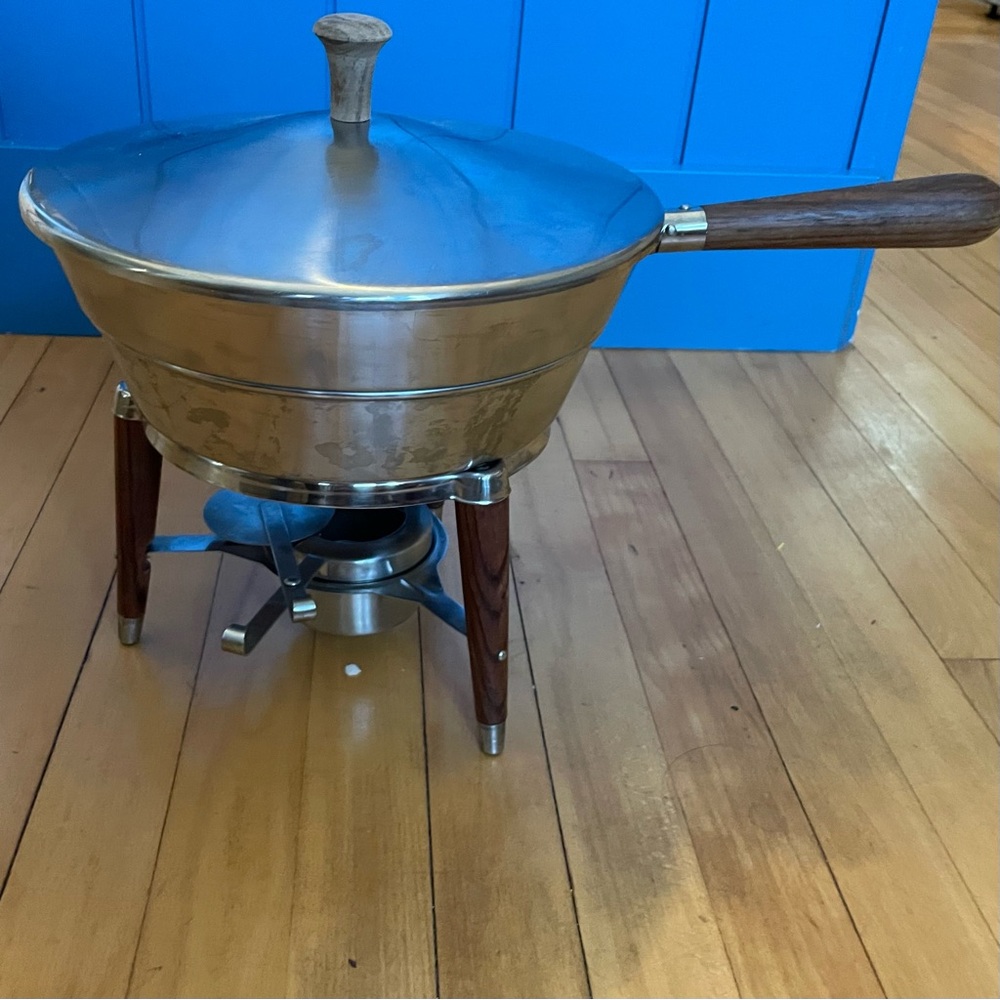 Mid century modern Stainless Steel Fondue Set or chafing dish Wooden Accents